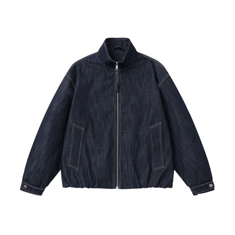 Unisex Boxy Jeans Bomber Jacket with Stand Collar, Zipper and Elastic Hem Mune Fashion