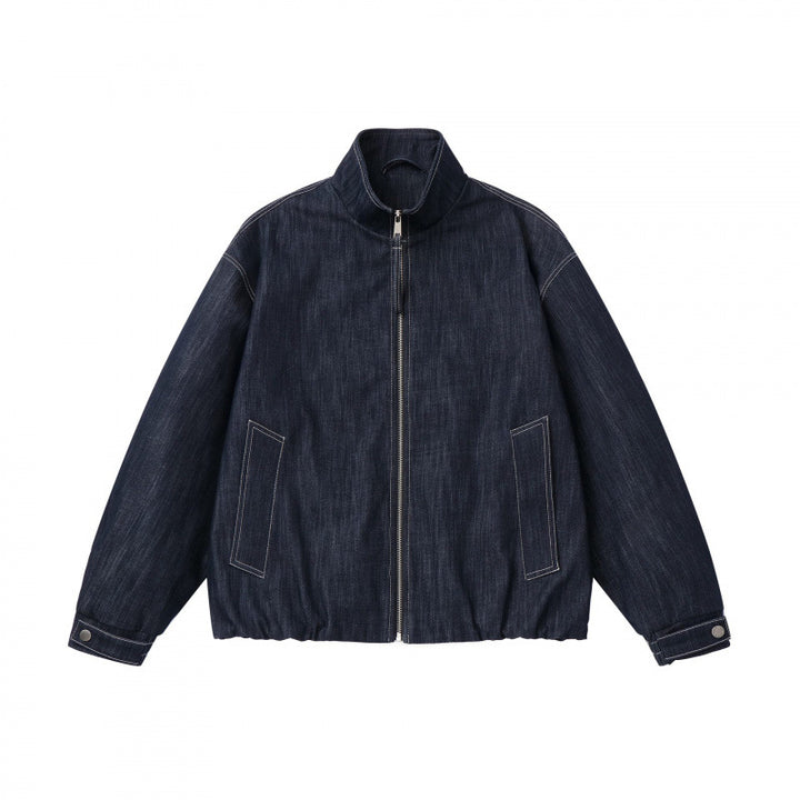 Unisex Boxy Jeans Bomber Jacket with Stand Collar, Zipper and Elastic Hem Mune Fashion