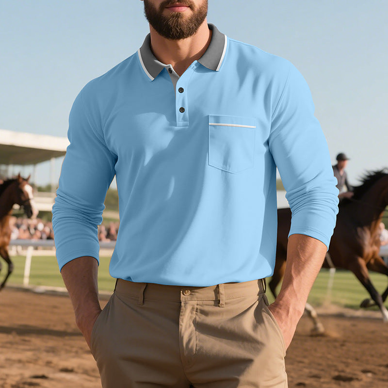 Men's long-sleeved polo shirt with contrast collar, chest pocket, and fine cotton stretch Mune Fashion