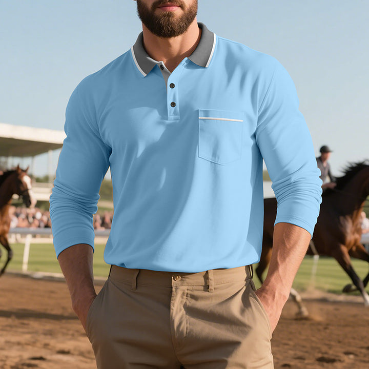 Men's long-sleeved polo shirt with contrast collar, chest pocket, and fine cotton stretch Mune Fashion