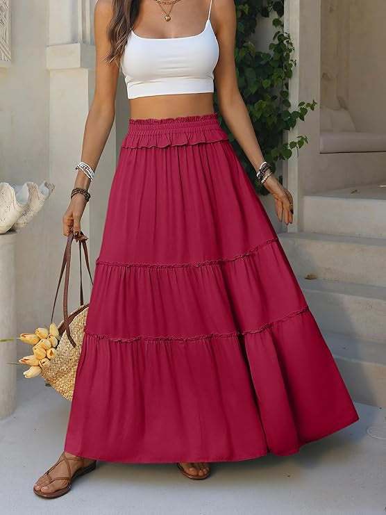 Women's Long Ruffle Tiered Skirt with Elastic Ruffle Waistband Mune Fashion