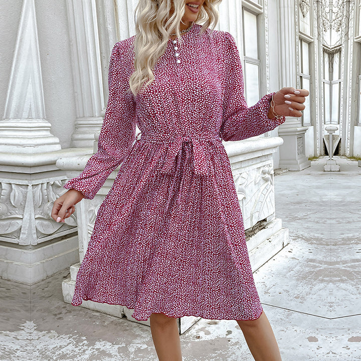 Women's midi dress with stand-up collar, waist belt, and long sleeves Mune Fashion