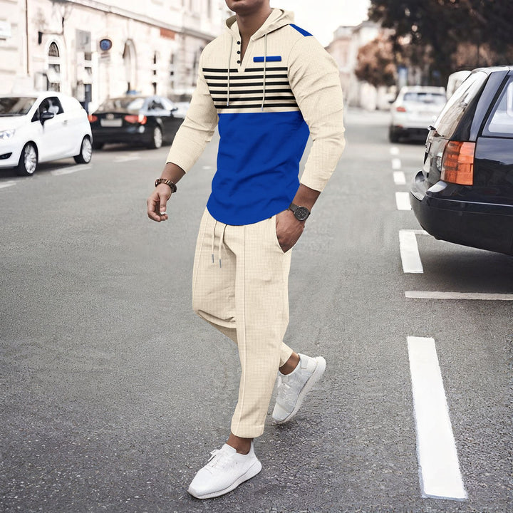 Men's urban hooded Henley leisure set with striped yoke and cropped jogger pants Mune Fashion