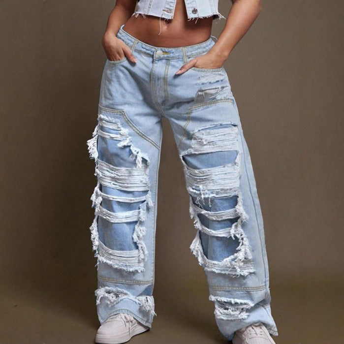 Women Baggy Denim Pants with Extra Large Destroyed Cutouts and Wide Leg Mune Fashion