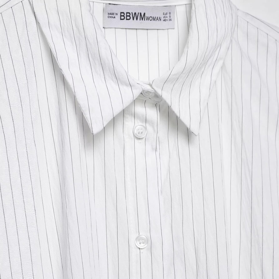 Women's Oversize Shirt Blouse with Pinstripes and Extended Back Hem Mune Fashion