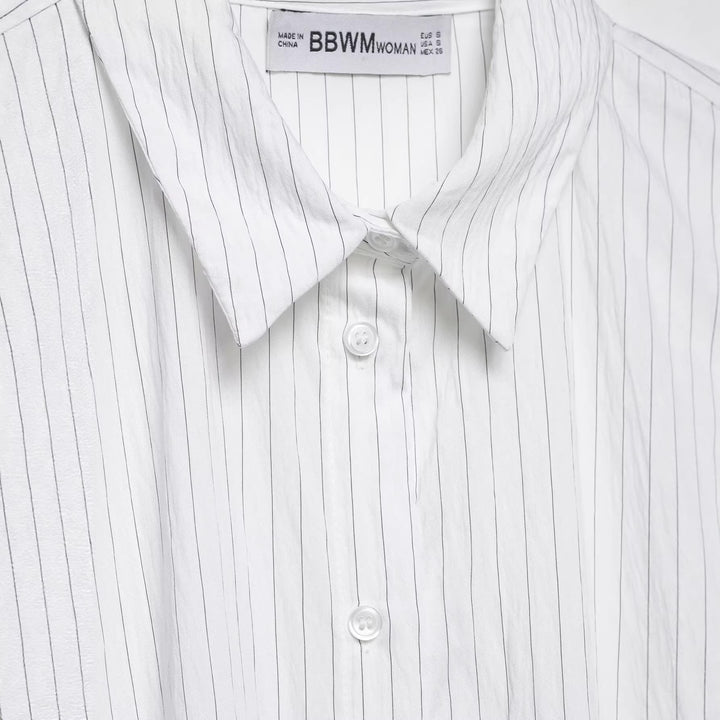 Women's Oversize Shirt Blouse with Pinstripes and Extended Back Hem Mune Fashion