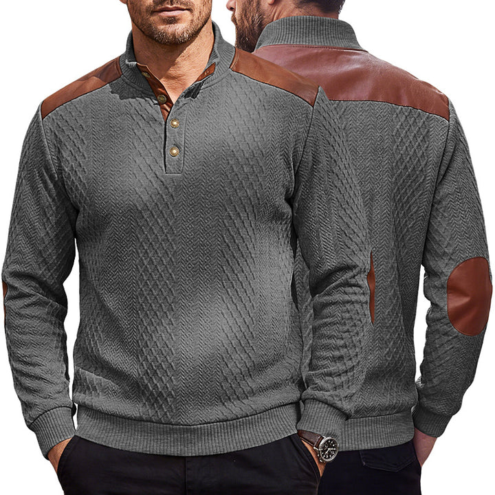 Men's pullover with stand-up collar, cable pattern and contrasting leather applications Mune Fashion