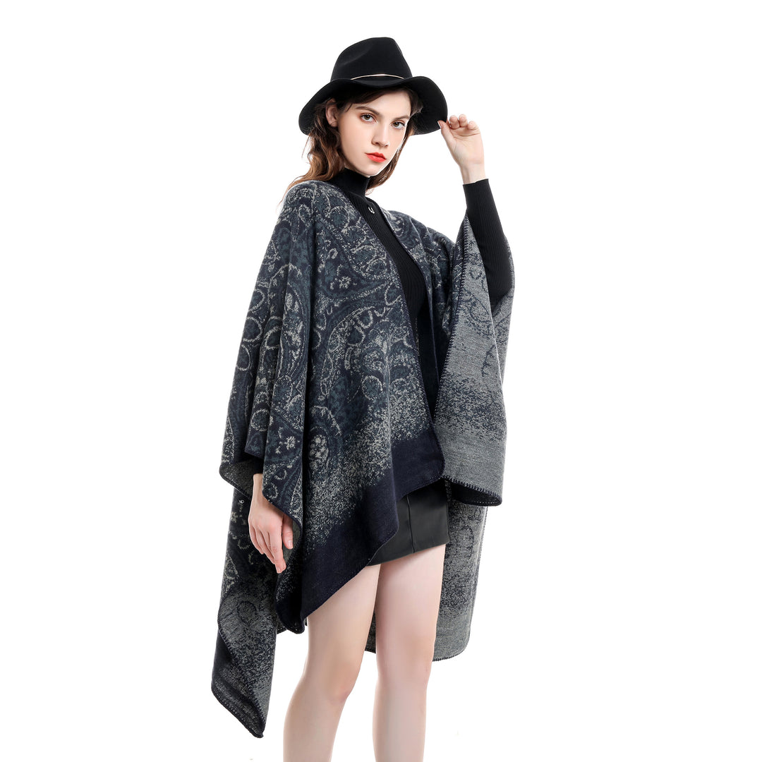 Women's Paisley-Jacquard-Cape Poncho made of wool blend with decorative chain stitch Mune Fashion