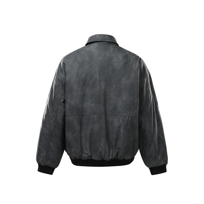 Men's Short Boxy Vintage Leather Look Blouson with Ribbed Cuffs and Large Flap Pockets Mune Fashion