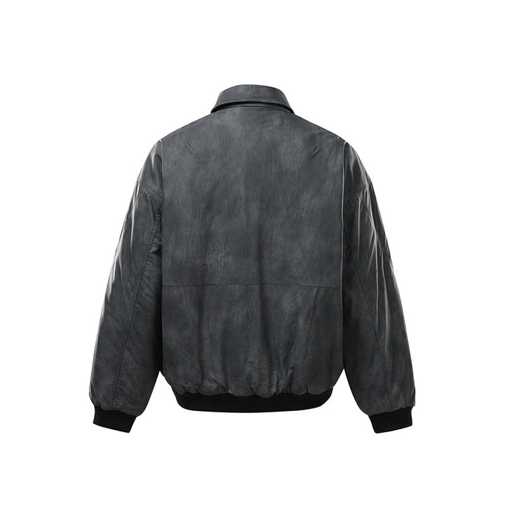 Men's Short Boxy Vintage Leather Look Blouson with Ribbed Cuffs and Large Flap Pockets Mune Fashion