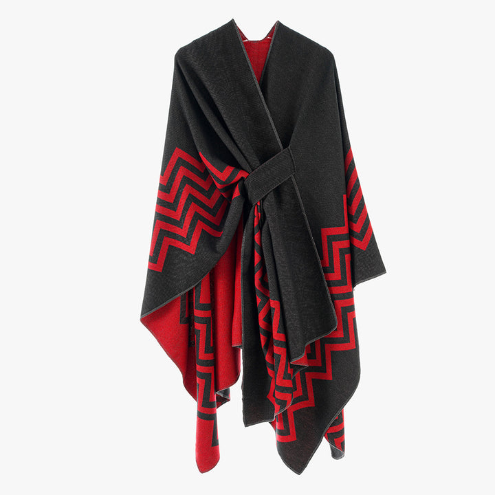 Women's Oversize Rectangle Cape with Jacquard Zigzag Pattern and Ties Belt Mune Fashion