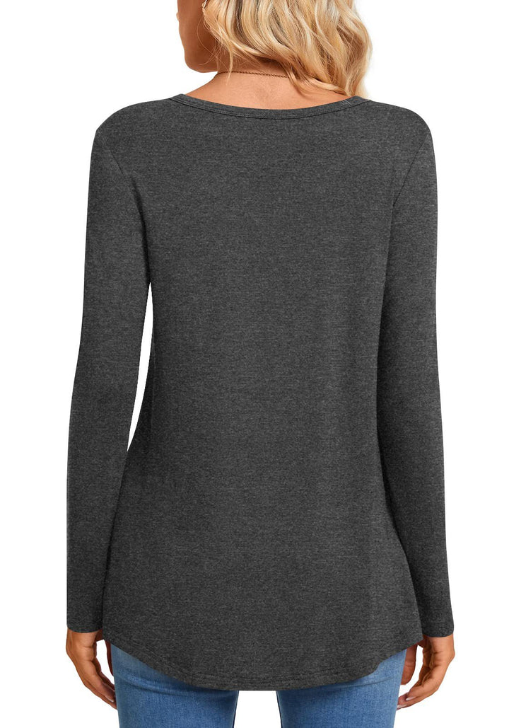Women's Long Sleeve V-Neck Tunic with Button Placket, Gathering, and Side Pocket Mune Fashion