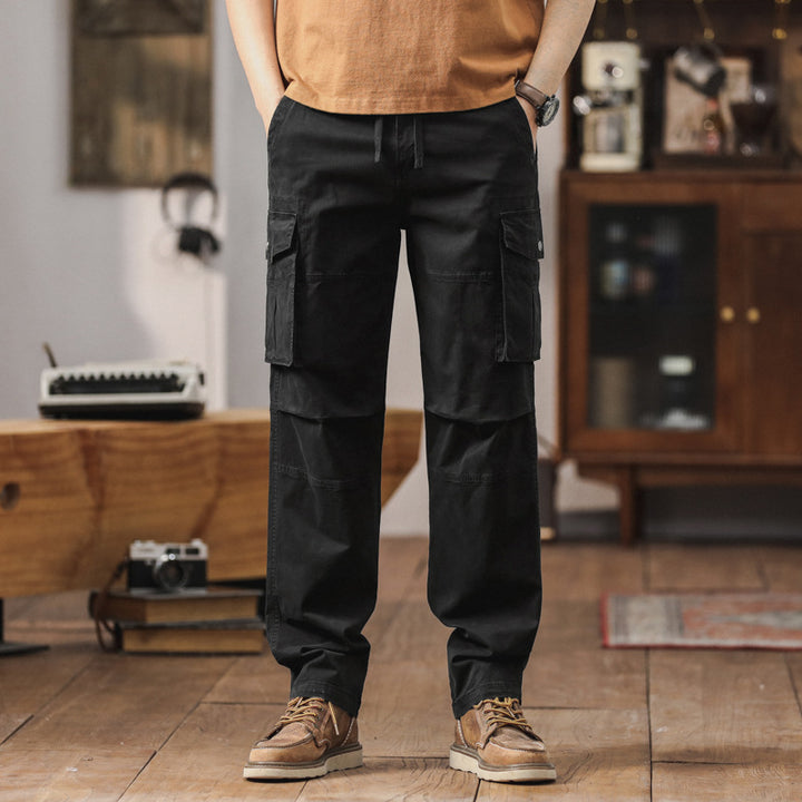 Herren Gerade geschnittene Canvas-Cargohose mit Klapp-Utility-Taschen und Kordelbund Mune Fashion