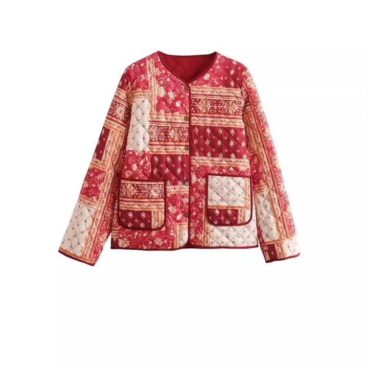 Women's quilted jacket in patchwork bandana design with round neck and patch pockets Mune Fashion