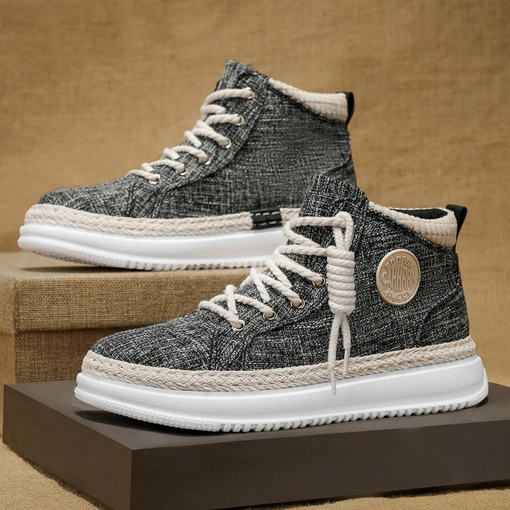 Women's high casual sneakers with mottled textile upper material, braided jute decorative edge, and cushioned platform sole Mune Fashion