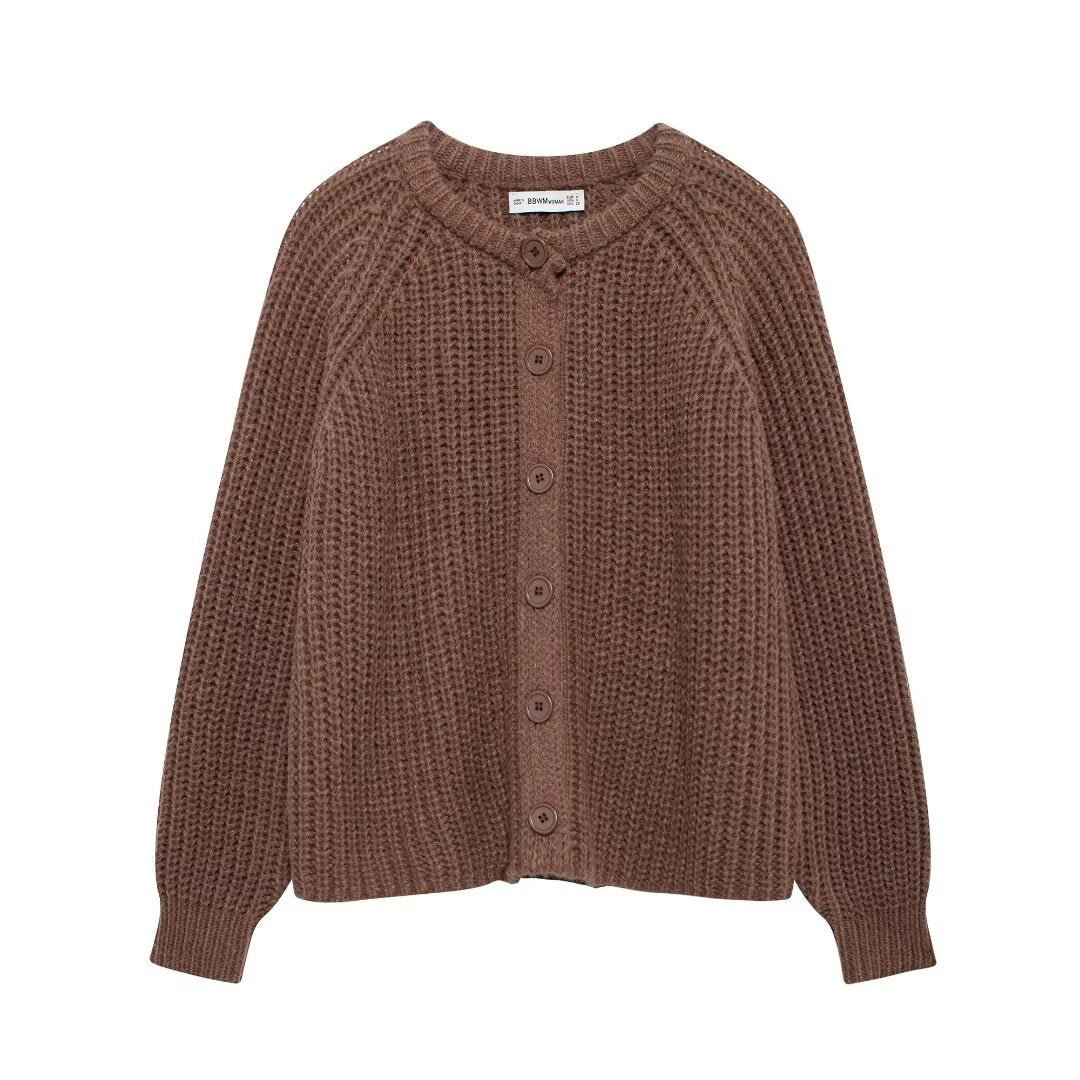 Women chunky knitted raglan cardigan with balloon sleeves and full button placket Mune Fashion
