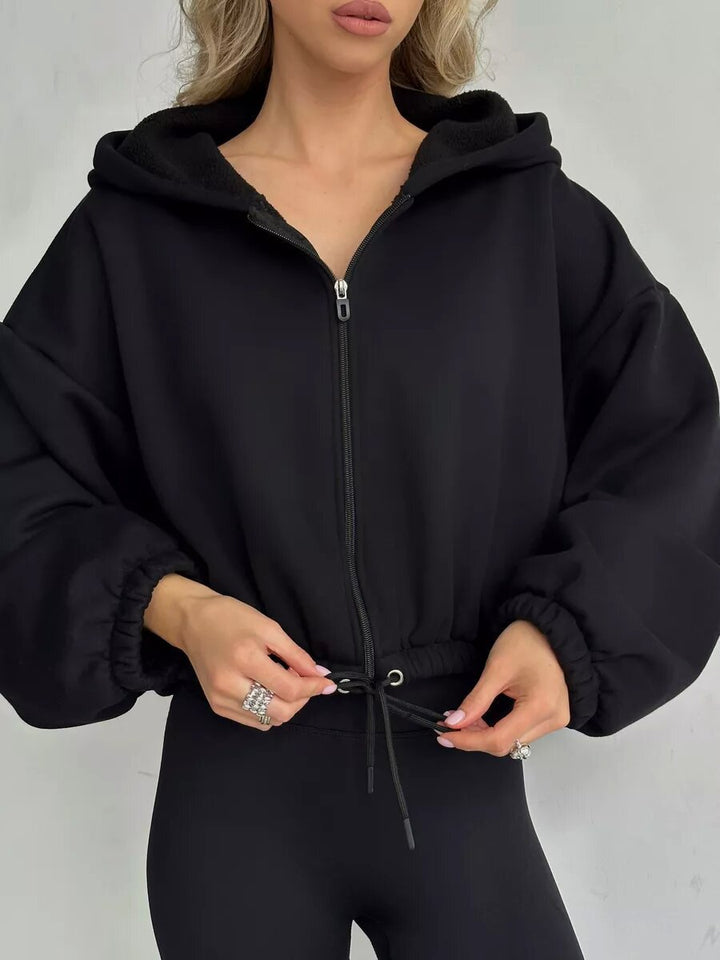 Women's short oversized hooded sweatshirt with half zip and drawstring waistband Mune Fashion