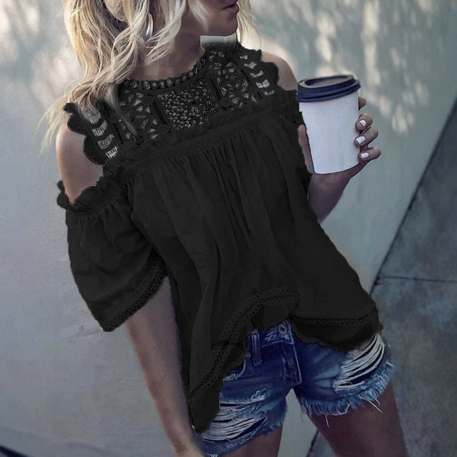 Women’s airy cold-shoulder blouse with crocheted stand-up collar, gathered bust area, and wavy hem Mune Fashion
