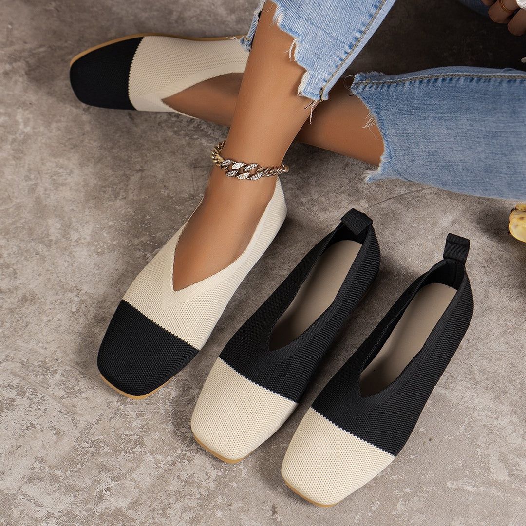 Women Two-tone Knit Ballerinas with Square Toe and Elastic Shaft Mune Fashion