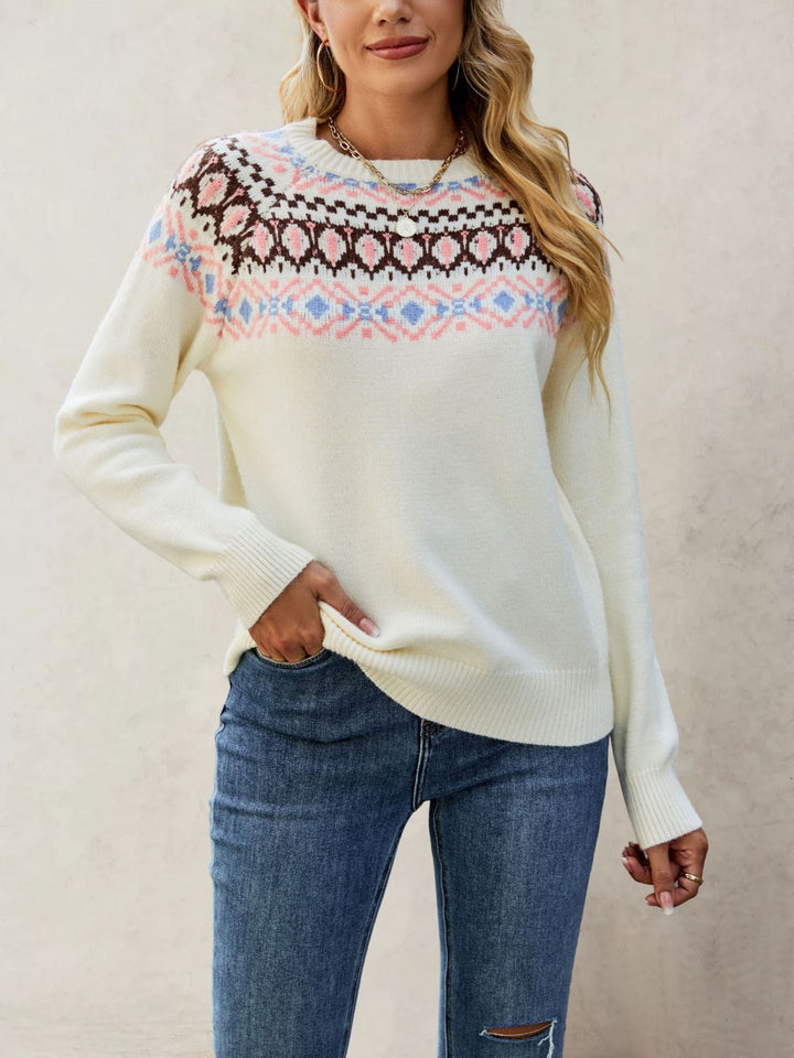 Women's Nordic Pattern Pullover with Round Neck and Casual Cut Mune
