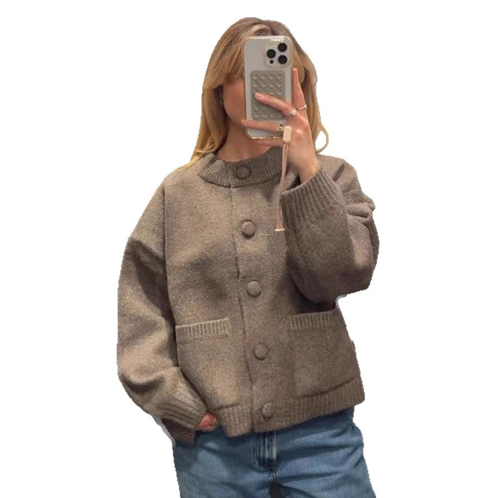 Women's Chunky Knit Cropped Cardigan with Round Snap Buttons and Oversized Sleeves Mune Fashion