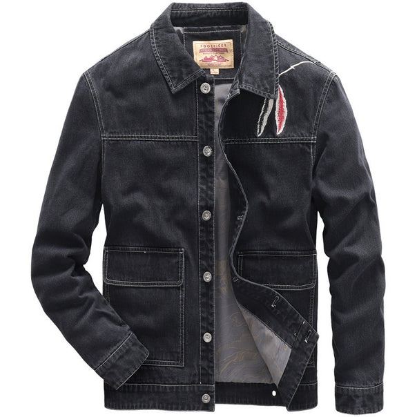 Men's jeans jacket in worker style with embroidered feather motif and inner satin lining Mune Fashion
