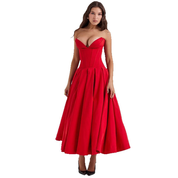Women's strapless corset midi dress with pre-shaped bodice construction and flared circle skirt Mune Fashion