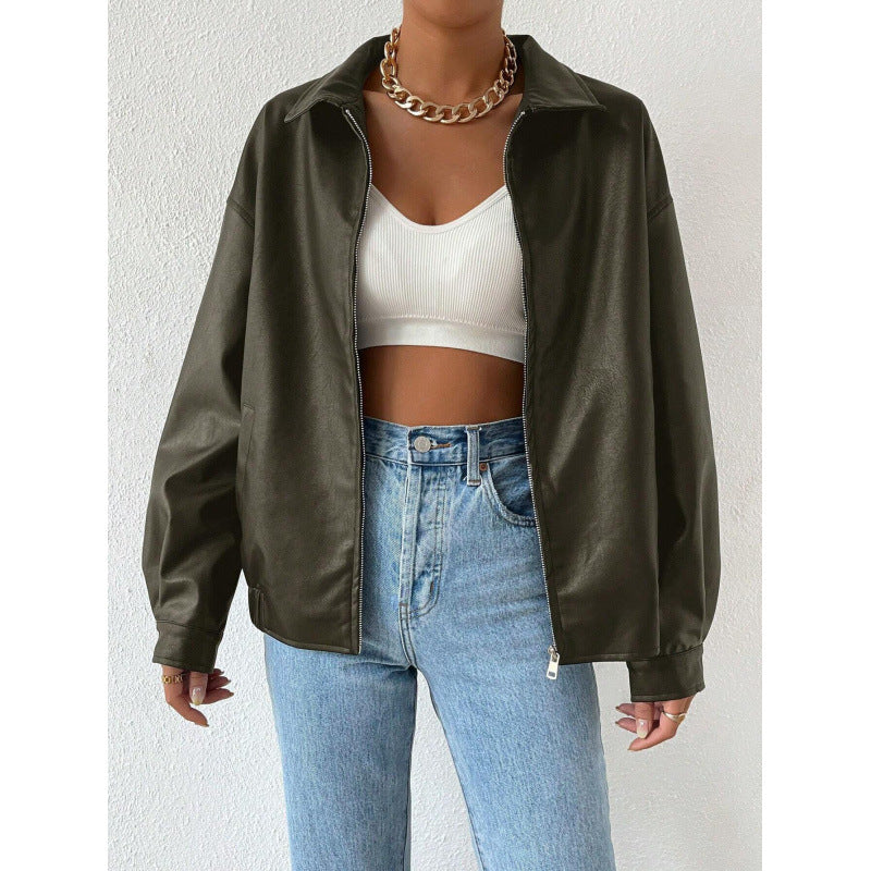 Women Oversized Faux Leather Blouson with Zipper and Shirt Collar Mune Fashion
