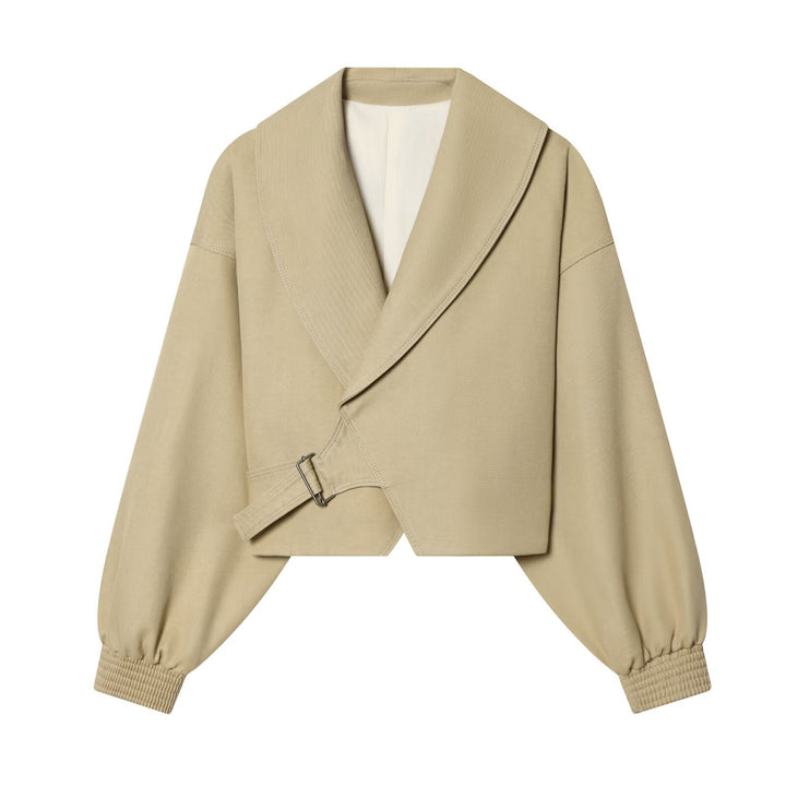 Women's Cropped Wrap Jacket with Large Shawl Collar, Belt and Balloon Sleeves Mune Fashion
