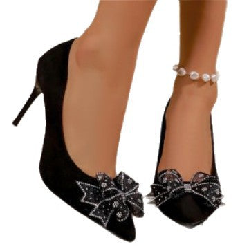Women's pointed velvet pumps with narrow stiletto, decorative bow appliqué and comfort insole Mune Fashion