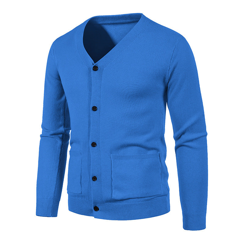 Men's slim fine knit cardigan with V-neck, button placket, and patch pockets Mune Fashion