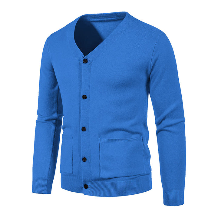 Men's slim fine knit cardigan with V-neck, button placket, and patch pockets Mune Fashion