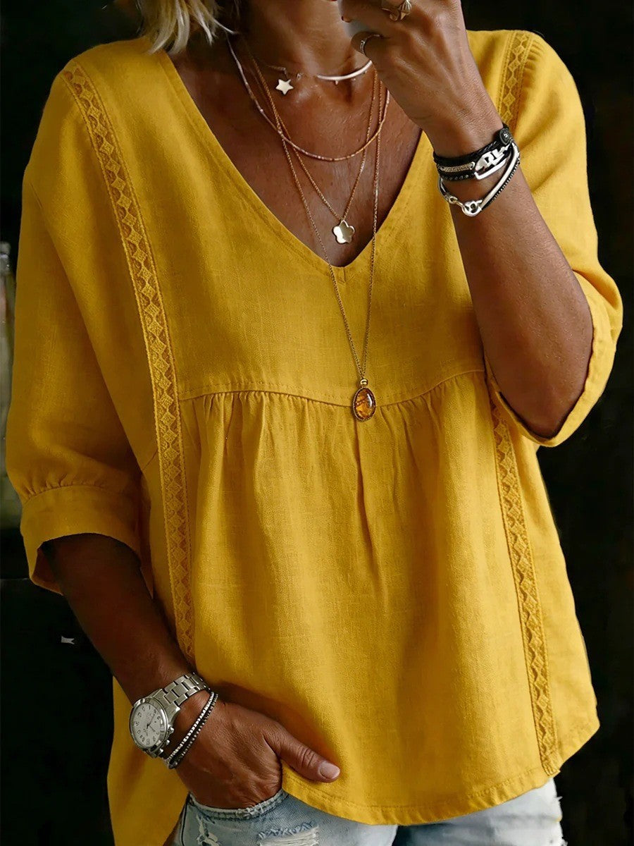 Women Loose V-Neck Linen Blouse with Lace and 3/4 Sleeves Mune Fashion