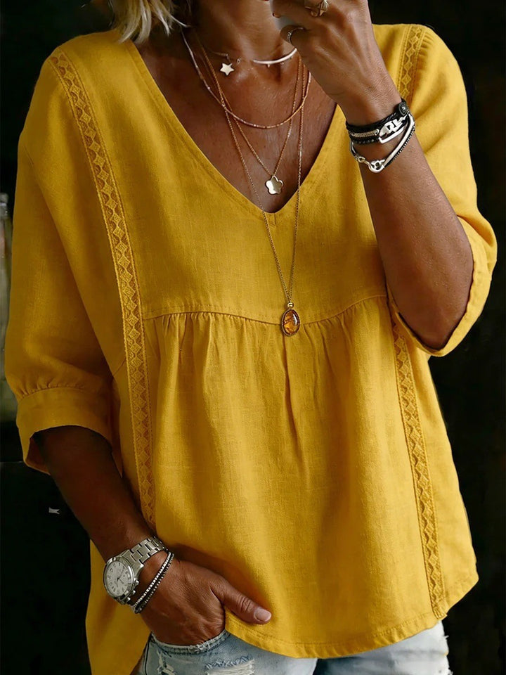 Women Loose V-Neck Linen Blouse with Lace and 3/4 Sleeves Mune Fashion