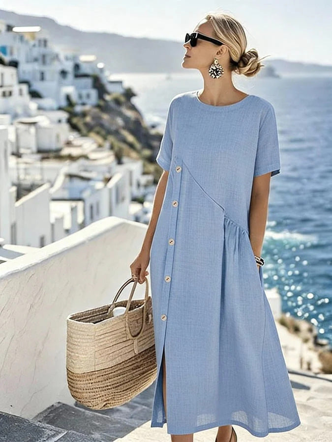 Women's Airy Summer Dress with Side Button Placket, Short Sleeves and Slit Mune Fashion