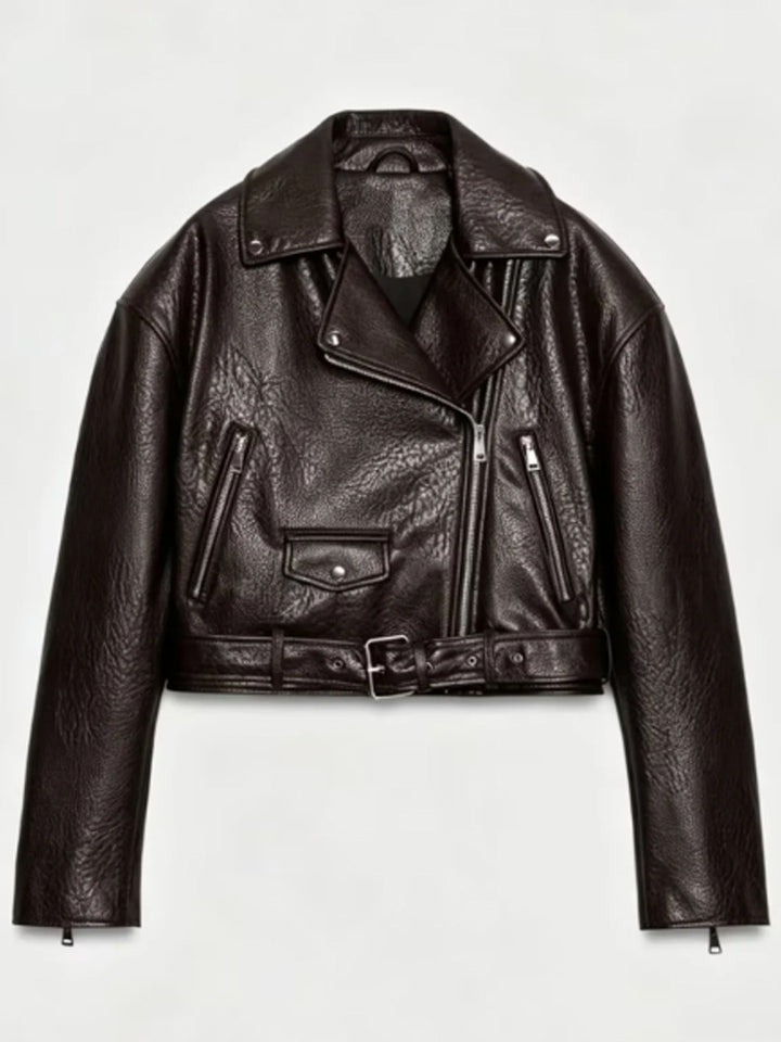 Women's short-cut biker jacket made of faux leather with a waist belt and asymmetrical zipper Mune Fashion