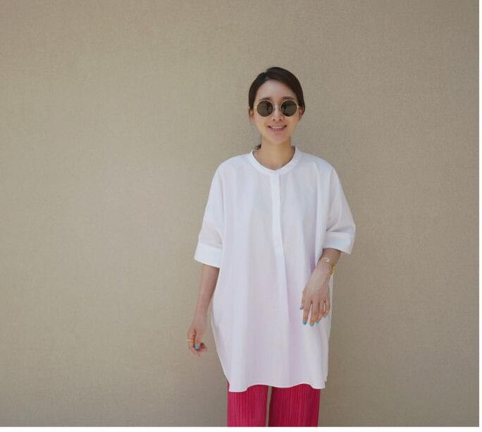 Women’s Oversized Tunic Shirt with Stand Collar, Boxy A-Line and Extended Back Hem Mune Fashion