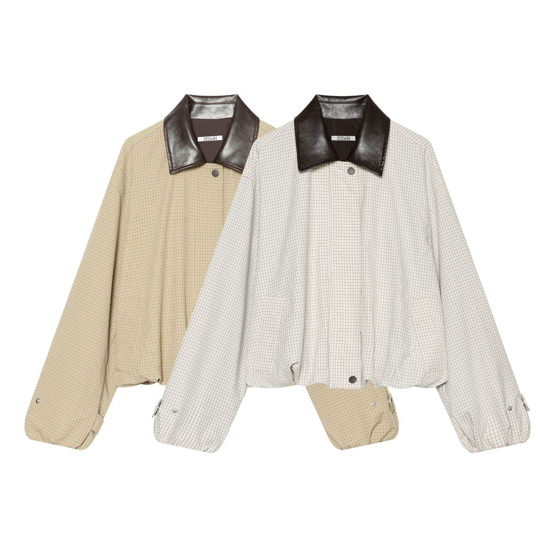 Women's Oversize Boxy Jacket with Check Pattern, Faux Leather Lapel and Drawstring Hem Mune Fashion