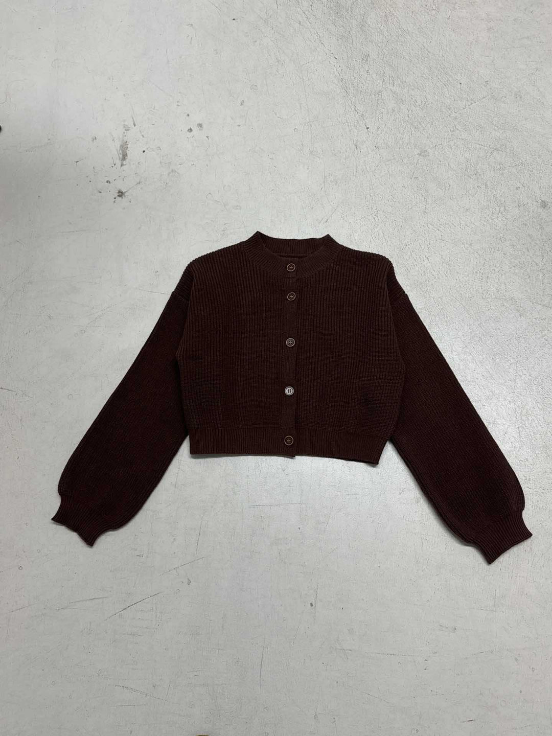 Women Short Cropped Rib Knit Cardigan with Balloon Sleeves and Decorative Button Placket Mune Fashion