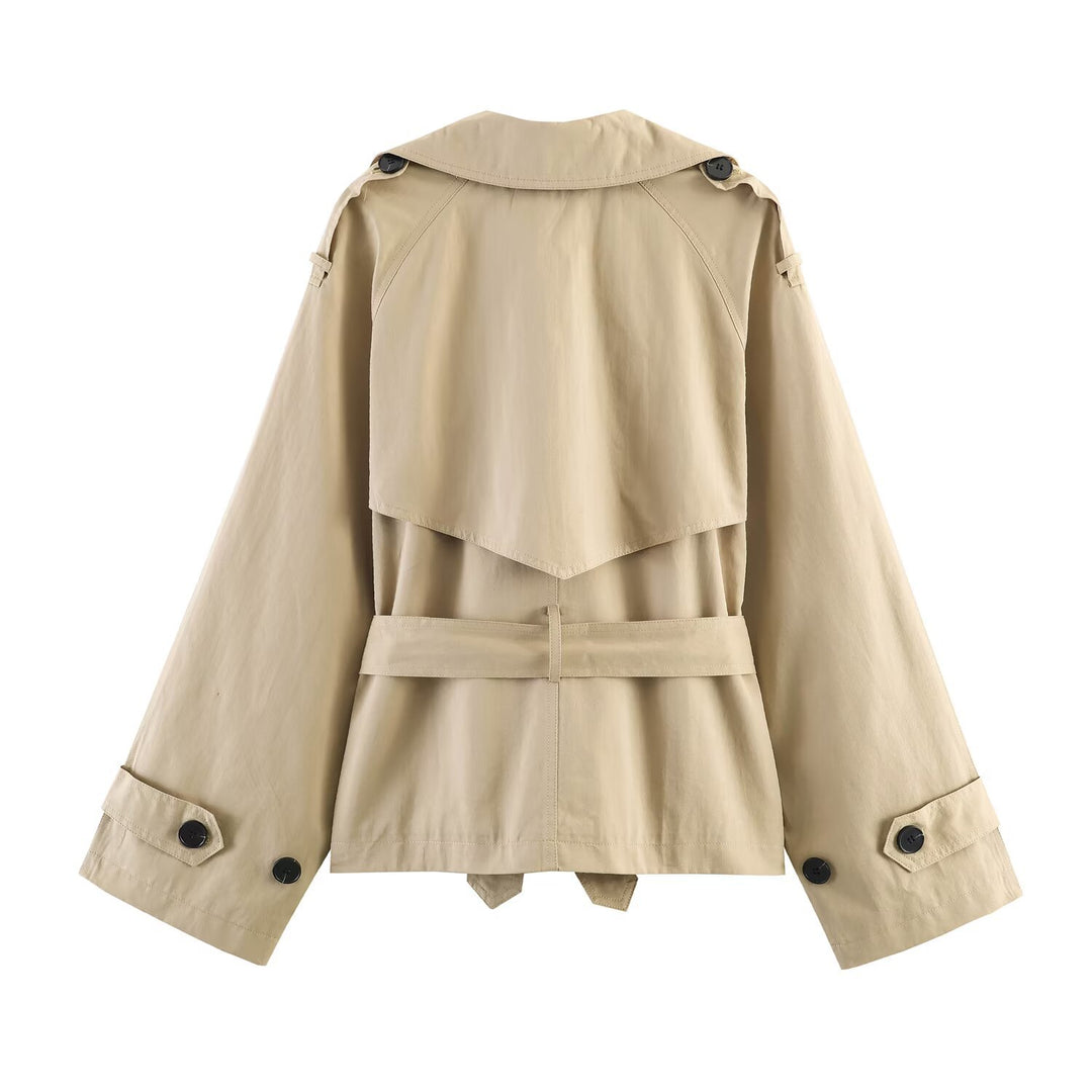 Women's Short Cape Trench with Double Button Placket, Wide Cape Sleeves and Waist Tie Belt Mune Fashion