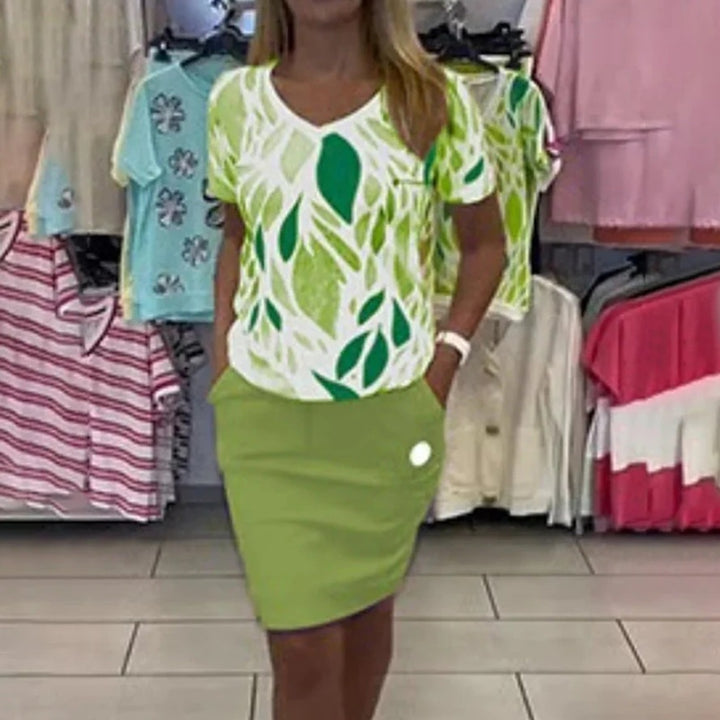 Ladies casual jersey two-piece set with printed V-neck shirt and knee-length pencil skirt with pockets Mune Fashion
