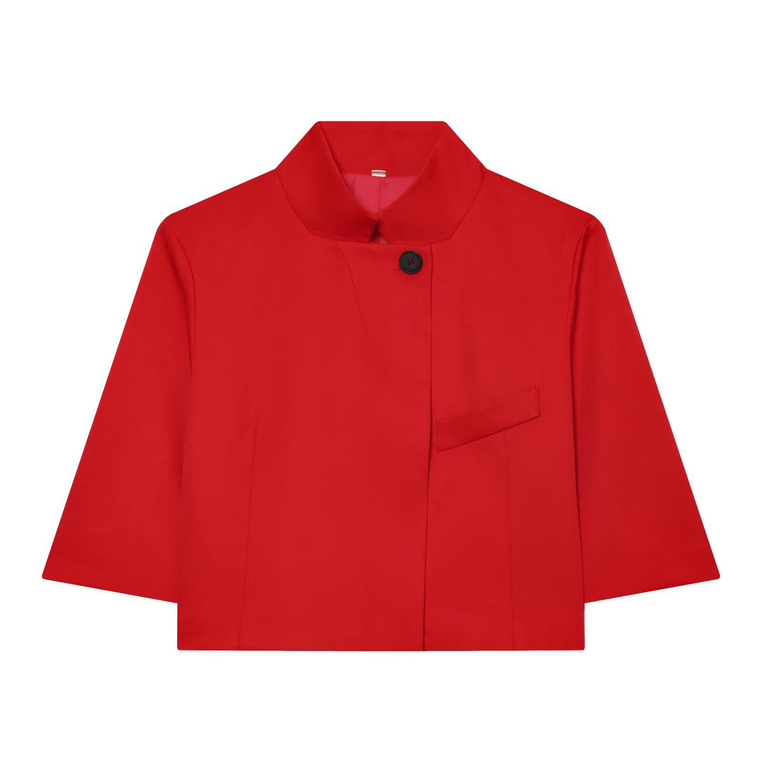 Women's Cropped Boxy Jacket with Stand Collar and Three-Quarter Sleeves Mune Fashion