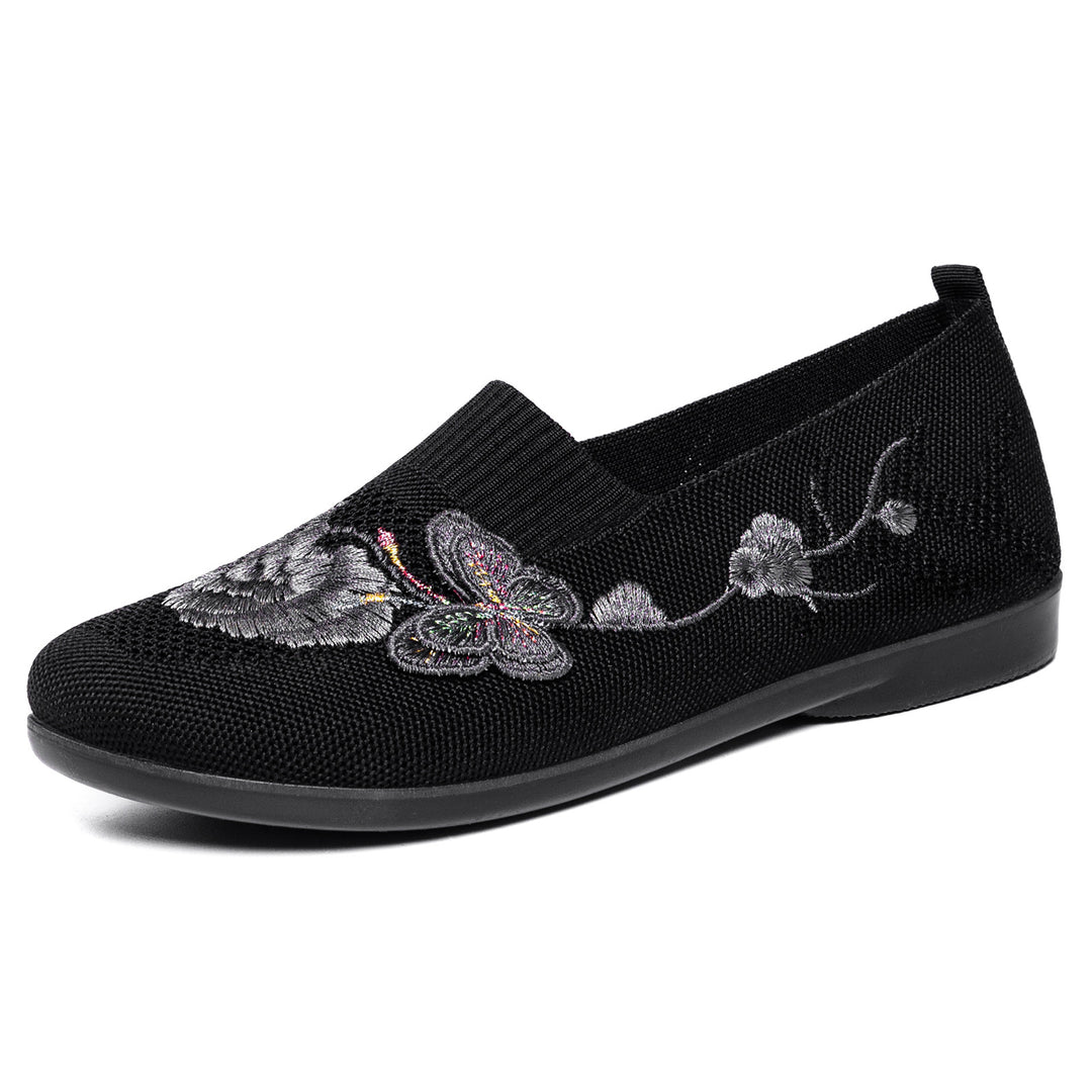 Women's embroidered knitted slipper with sock-like entry, floral embroidery design, and cushioned lightweight sole Mune Fashion