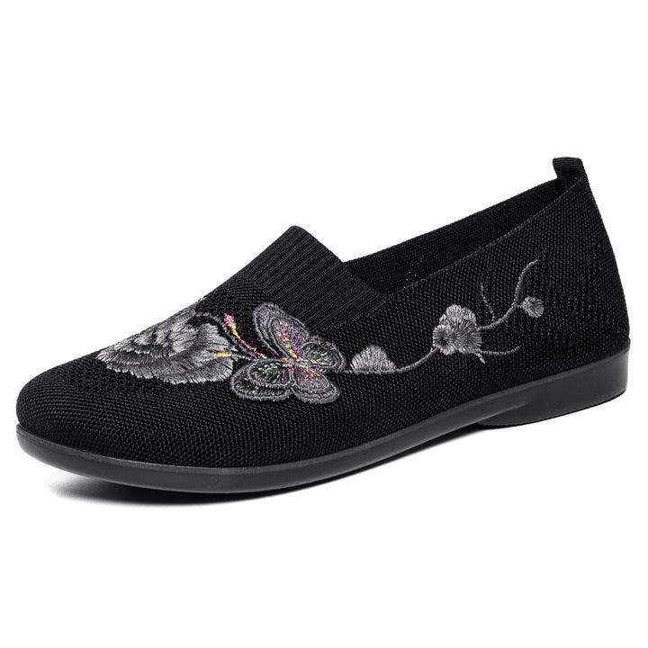 Women's embroidered knitted slipper with sock-like entry, floral embroidery design, and cushioned lightweight sole Mune Fashion