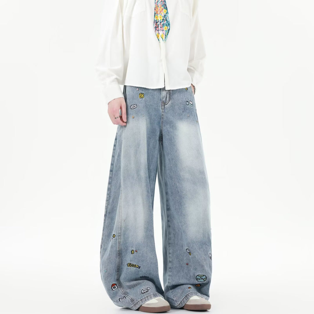 Men's Extra Wide Baggy Jeans with Playful Embroidery and Wide Leg Mune Fashion