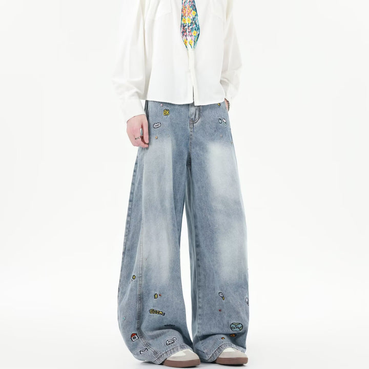 Men's Extra Wide Baggy Jeans with Playful Embroidery and Wide Leg Mune Fashion