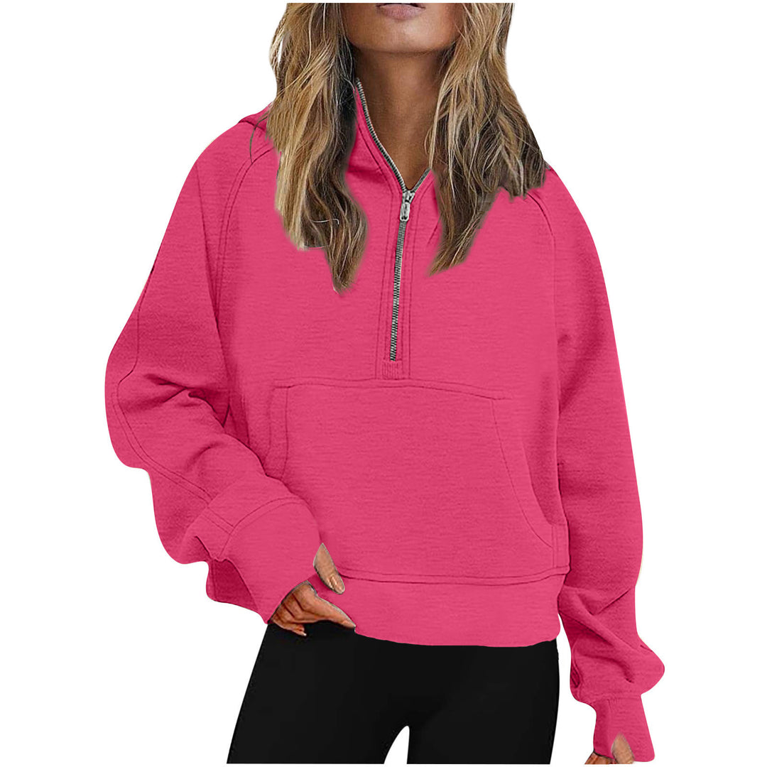 Women Oversize Half-Zip Hoodie with Kangaroo Pocket & Thumb Hole Mune Fashion