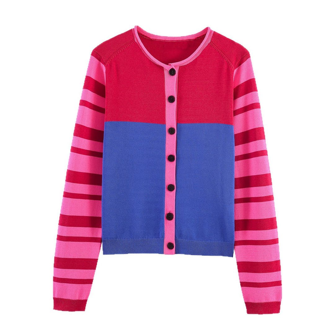 Women’s Knit Cardigan with Colorblock Front and Striped Sleeves Mune Fashion