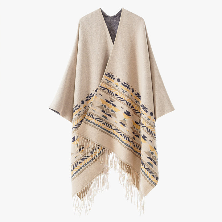Women's Oversize Reversible Poncho made of Wool Blend with Ethno Jacquard and Fringe Hem Mune Fashion