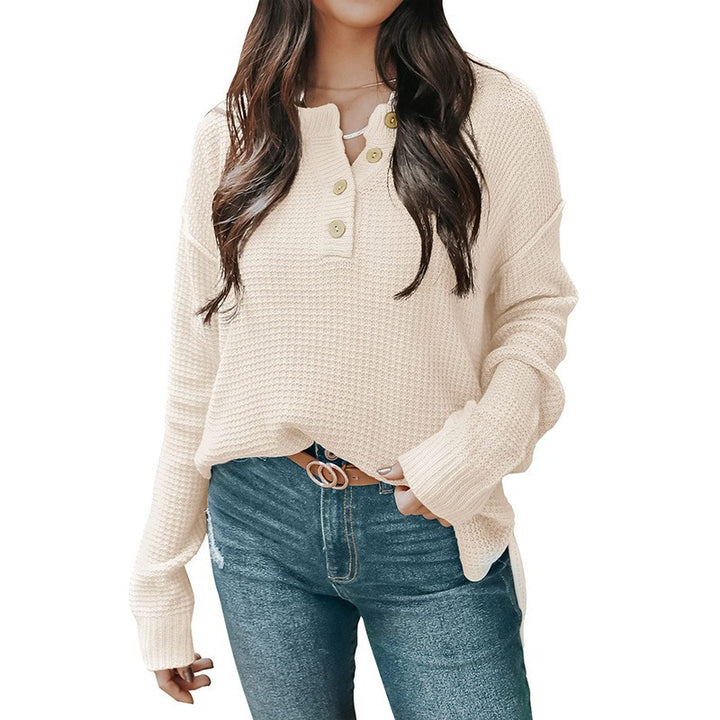 Women's Relaxed Waffle Texture Henley Pullover with Button Placket and Dropped Shoulder Mune Fashion
